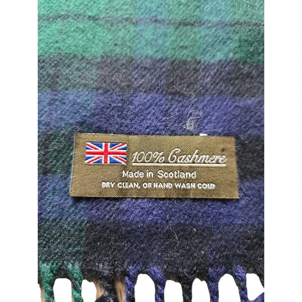 100%‎ Cashmere Scarf Made in Scotland Black Watch Tartan Green Navy Blue Plaid